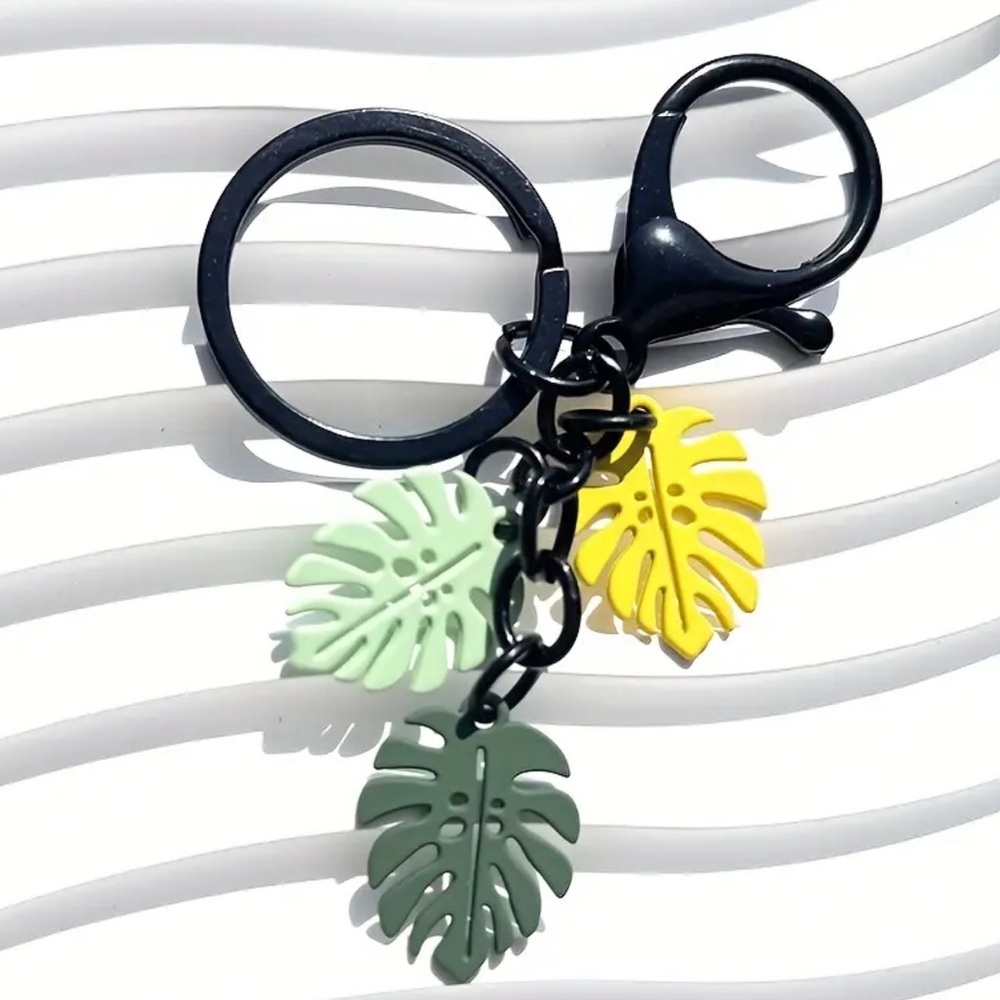 Tropical Monstera Leaf Keychain with Yellow and Green Charms black hardware